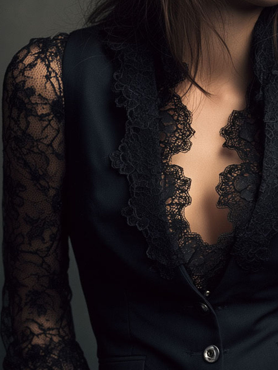 Noémie | Black Blazer Top with Semi-Transparent Sleeves