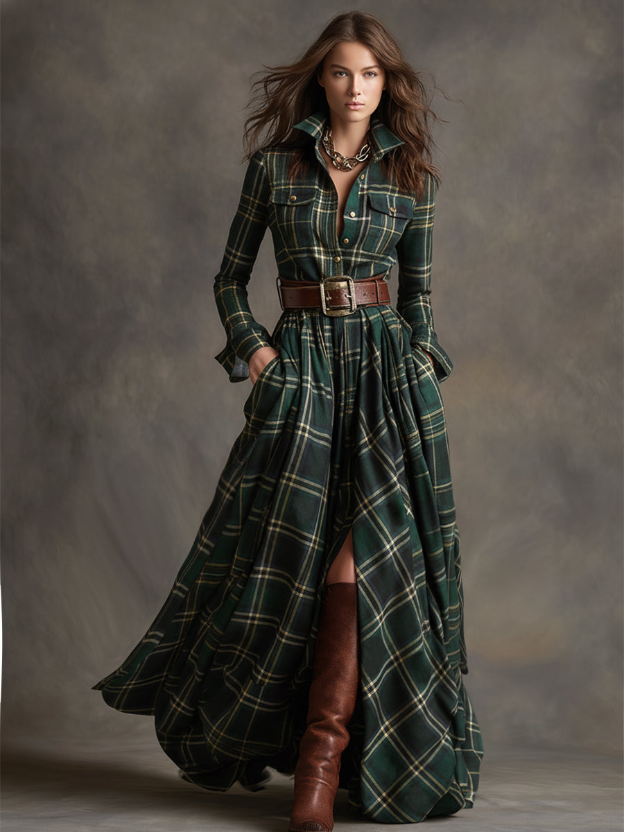 Women's Plaid Maxi Dress with Collar and Belt - image 9