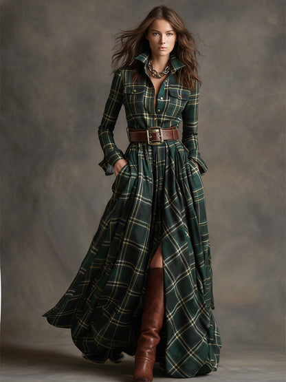 Women's Plaid Maxi Dress with Collar and Belt - image 9