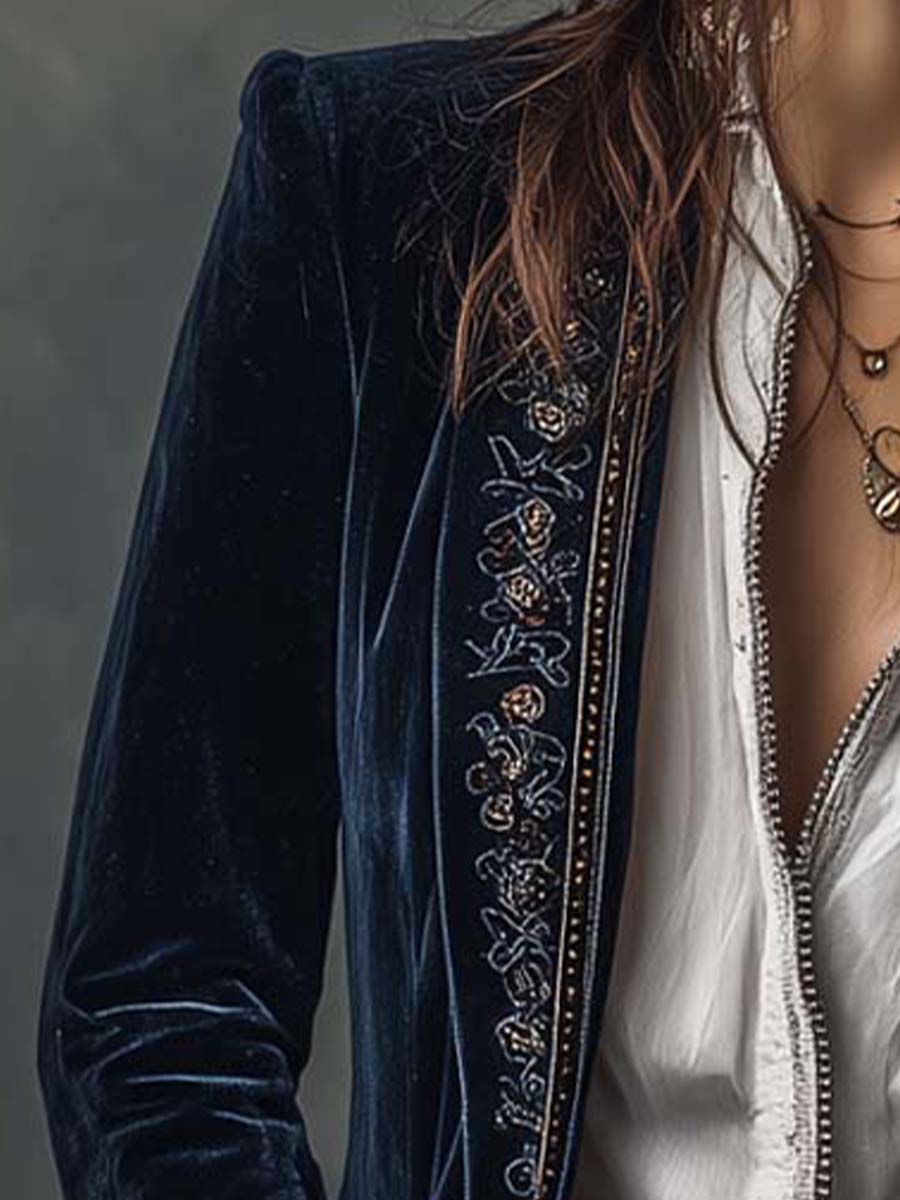 Athénaïs | Vintage Navy Blue Embroidered Long Jacket