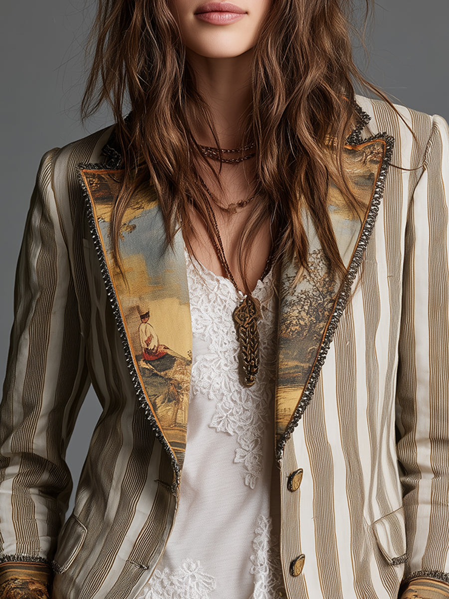 Women's Boho Striped Print Blazer in Khaki - image 4