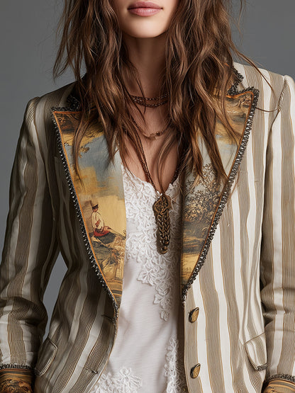 Women's Boho Striped Print Blazer in Khaki - image 4