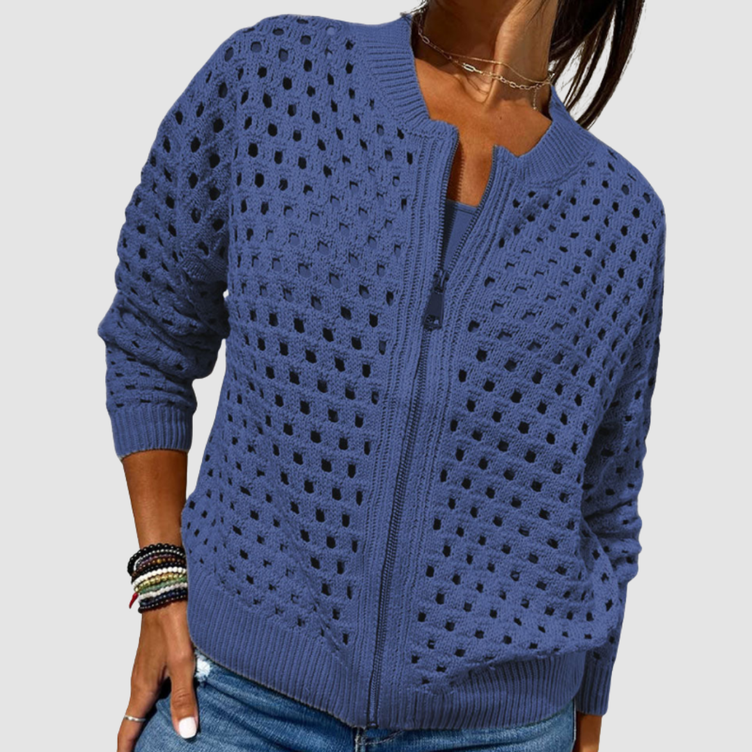 Women's Openwork Knit Cardigan with Zip Closure - image 5