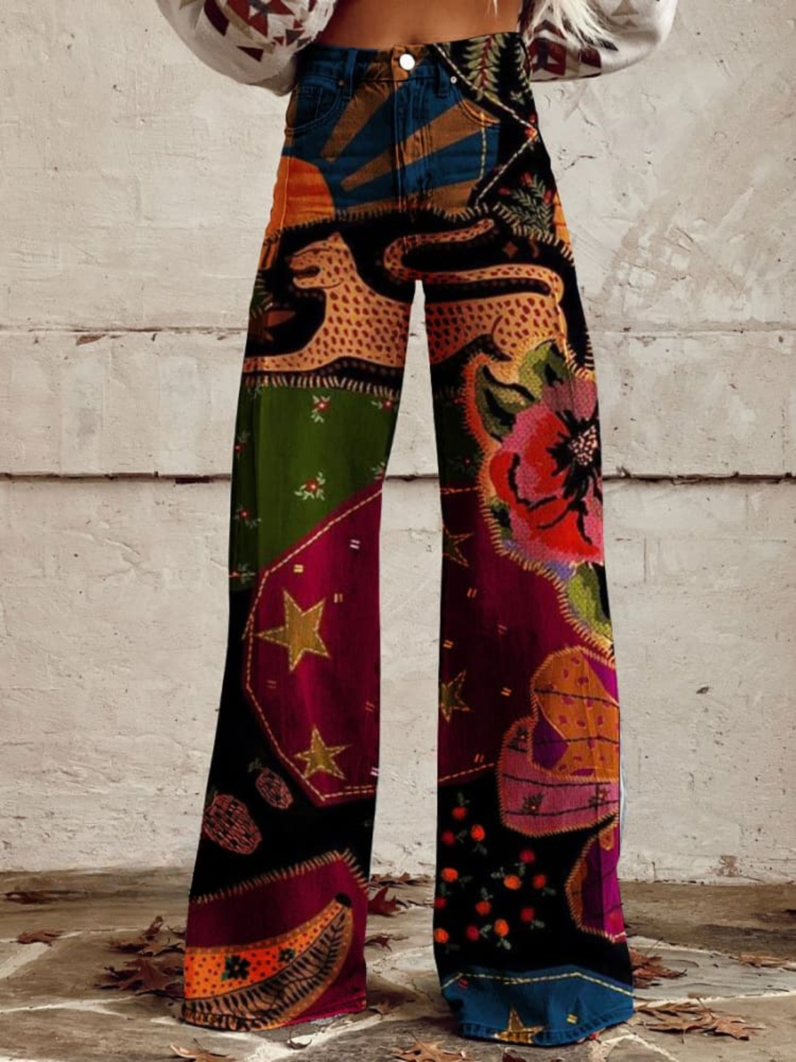 Women's Wide Leg Trousers with Vintage-Inspired Colourful Print - image 1