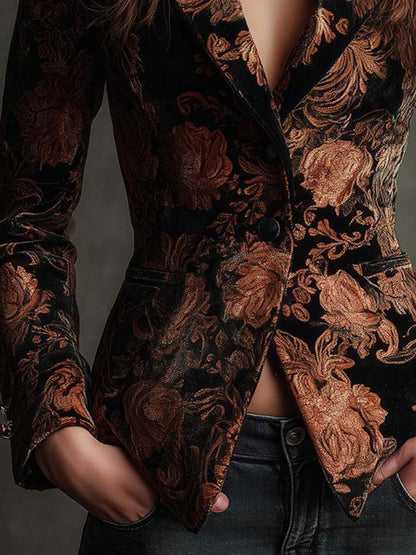 Bertille | Black and Bronze Floral Print Tailored Blazer