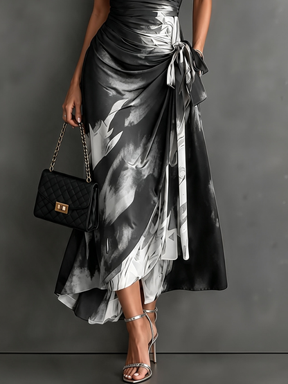 Rosanna | Midi dress with abstract print, V-neck, short sleeves, belt and asymmetric hem with frill.