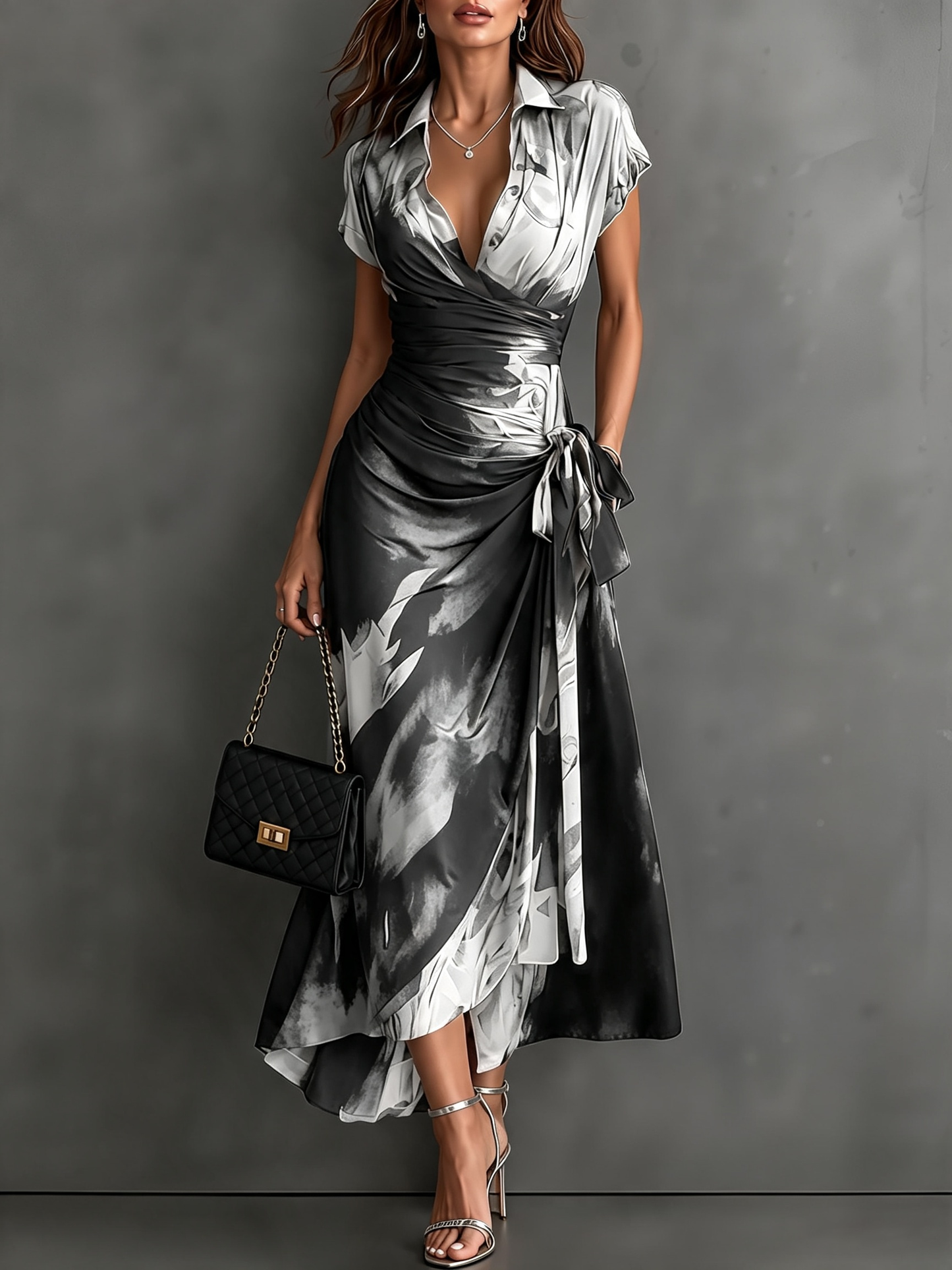 Rosanna | Midi dress with abstract print, V-neck, short sleeves, belt and asymmetric hem with frill.