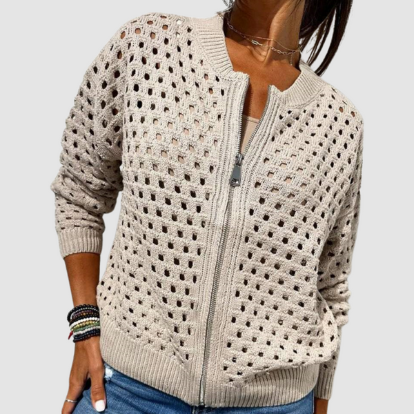 Women's Openwork Knit Cardigan with Zip Closure - image 1