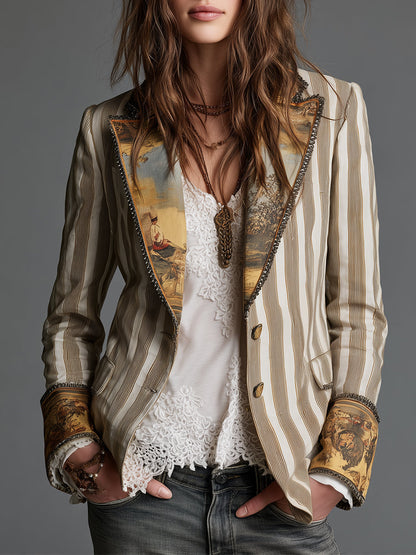 Suzanne | Striped Bohemian Blazer with Printed Collar