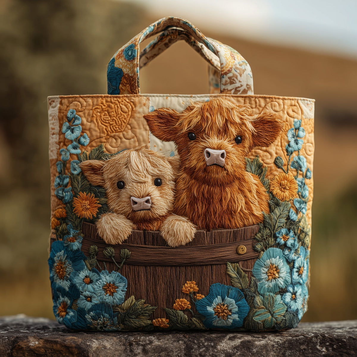 Women's Quilted Tote Bag with Highland Cow Floral Print - image 1