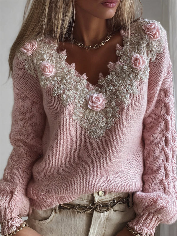 Women's Pink Rose Print V-Neck Knit Jumper - image 1