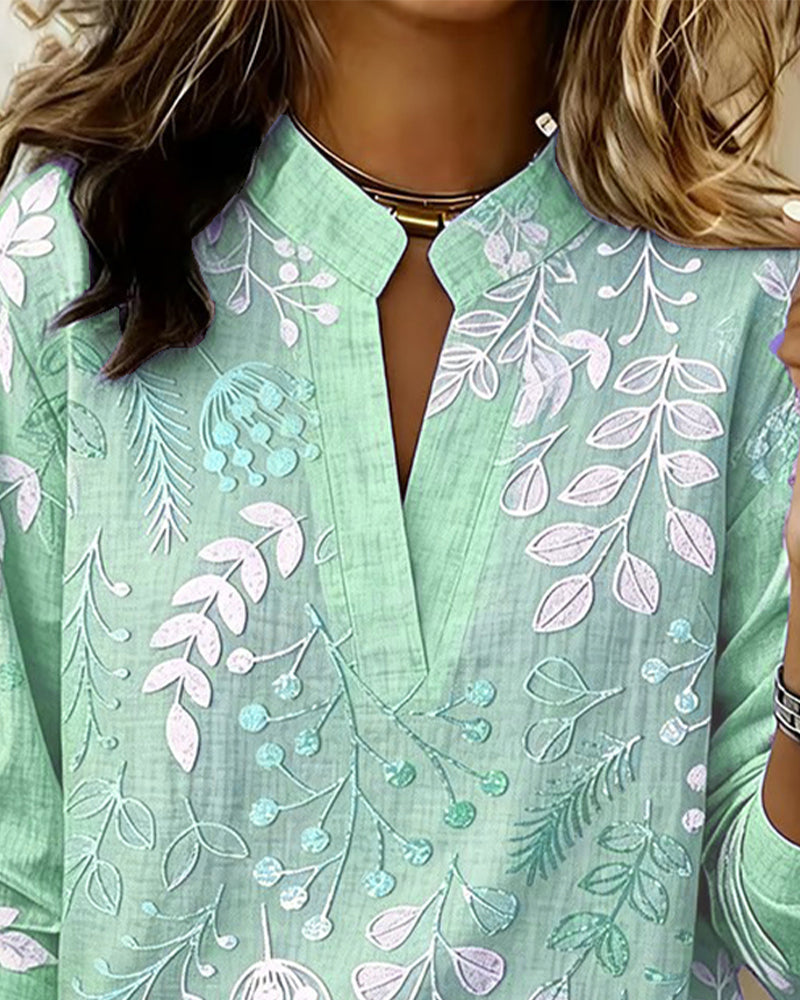 LILIANE™ - Botanical Print Open-Neck Blouse