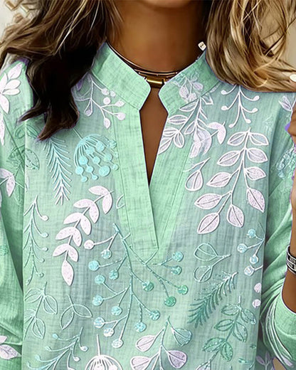 LILIANE™ - Botanical Print Open-Neck Blouse