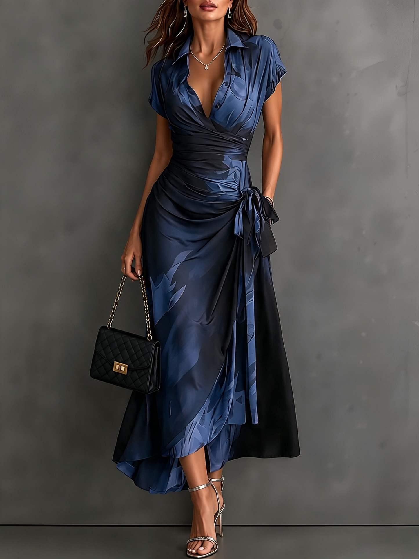 Rosanna | Midi dress with abstract print, V-neck, short sleeves, belt and asymmetric hem with frill.