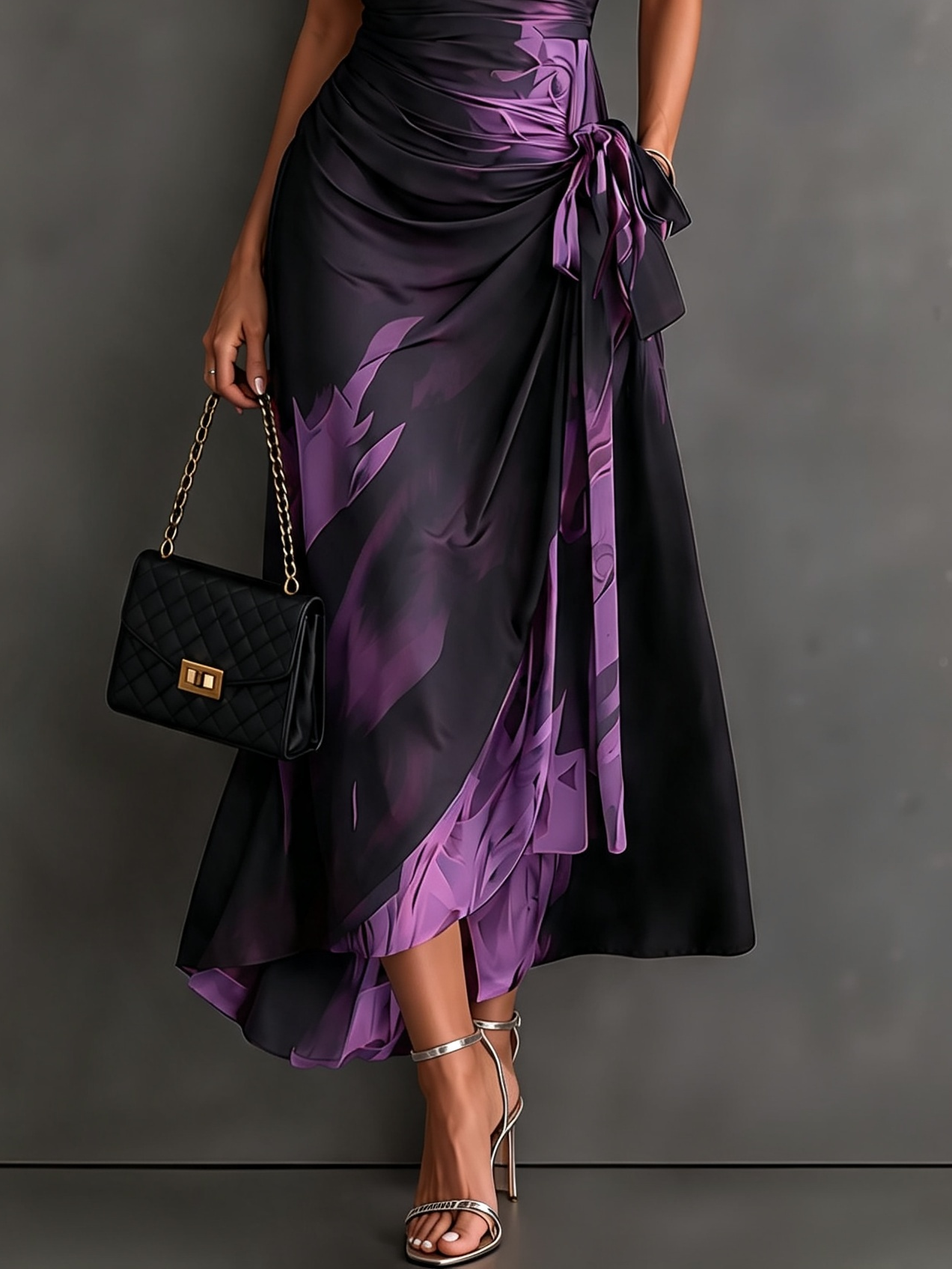 Rosanna | Midi dress with abstract print, V-neck, short sleeves, belt and asymmetric hem with frill.