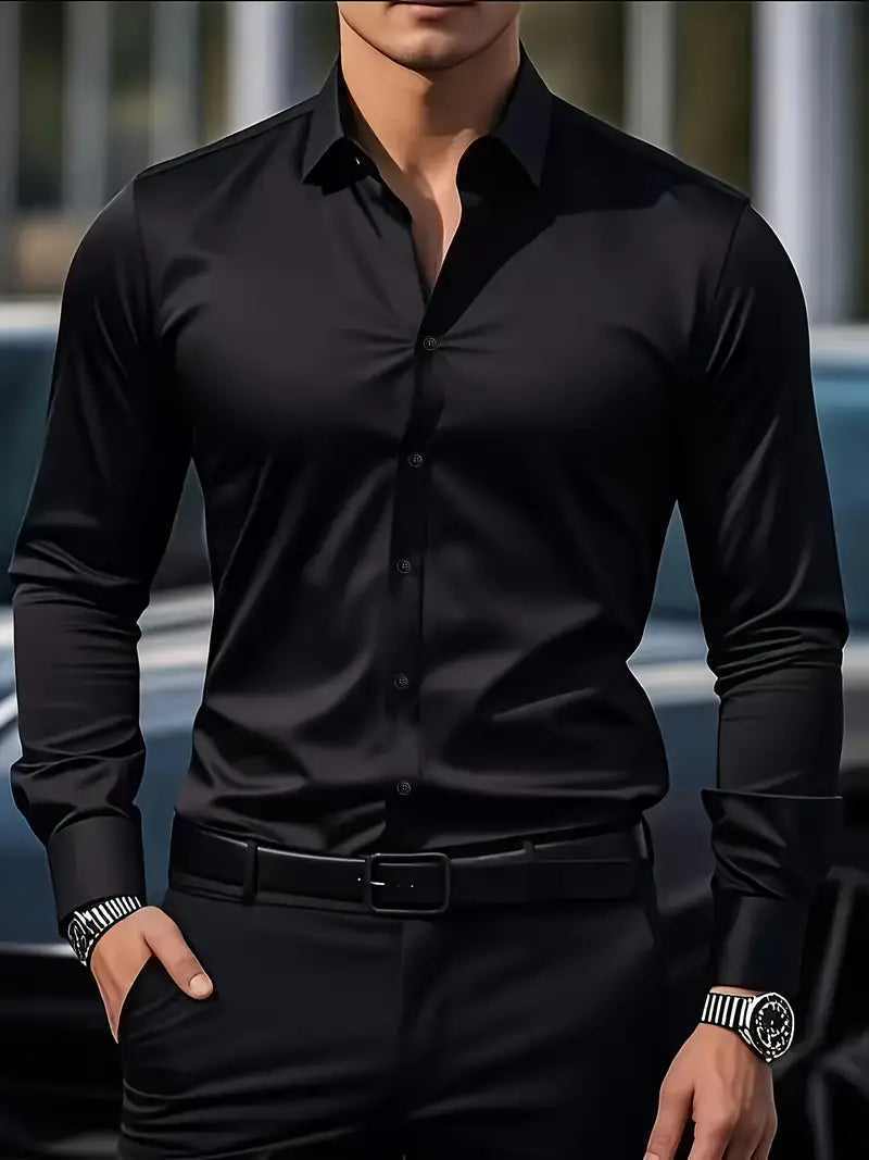 Men's Long Sleeve Dress Shirt with Pointed Collar and Full Button Front - image 9