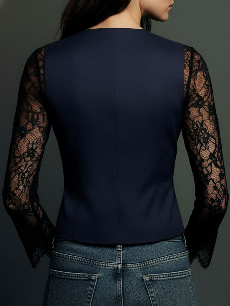 Noémie | Black Blazer Top with Semi-Transparent Sleeves