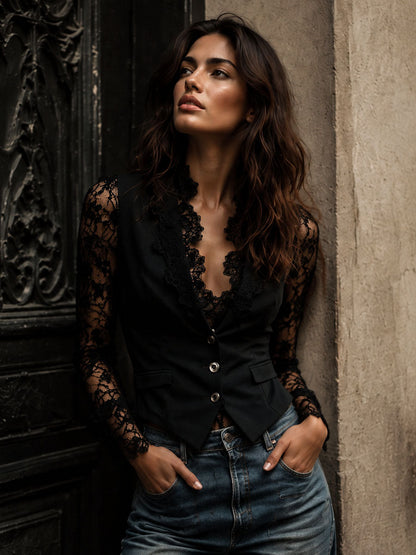 Noémie | Black Blazer Top with Semi-Transparent Sleeves
