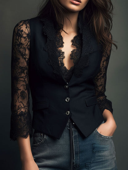 Noémie | Black Blazer Top with Semi-Transparent Sleeves