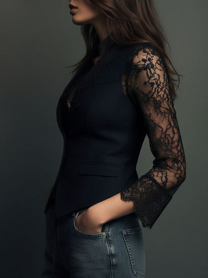 Noémie | Black Blazer Top with Semi-Transparent Sleeves