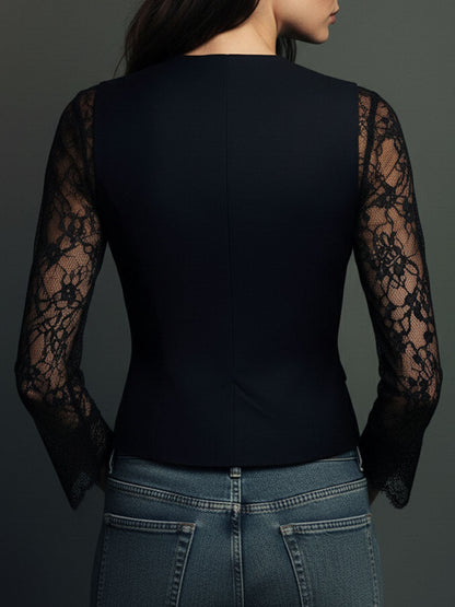 Noémie | Black Blazer Top with Semi-Transparent Sleeves