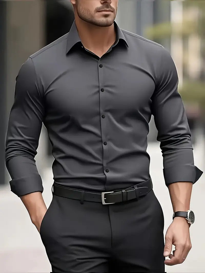 Men's Long Sleeve Dress Shirt with Pointed Collar and Full Button Front - image 6