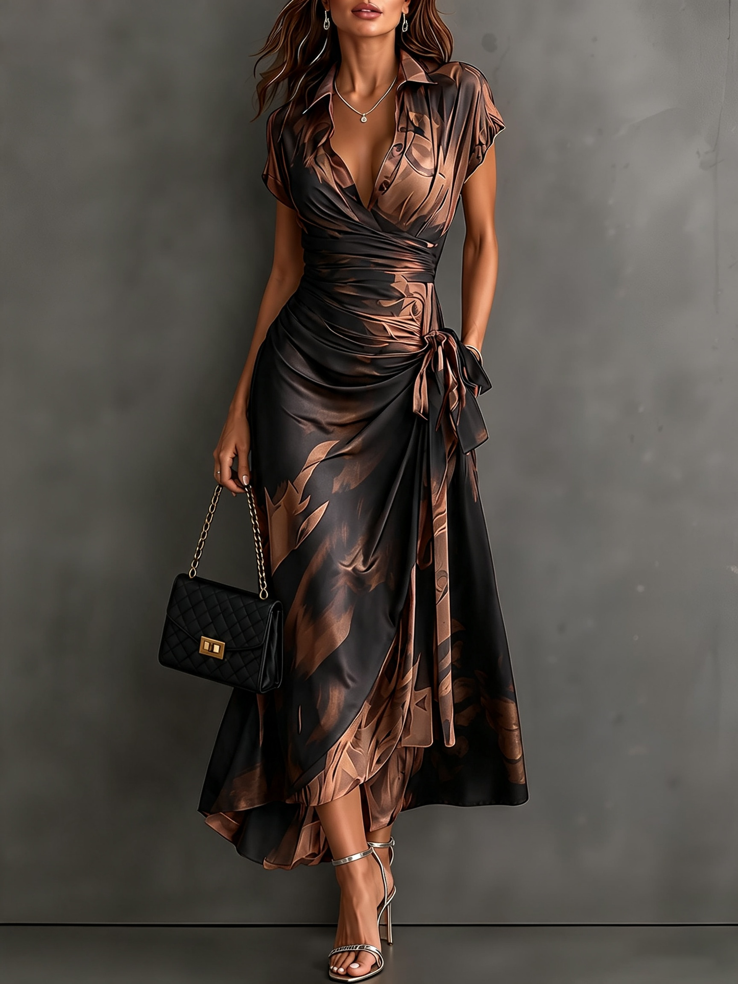 Rosanna | Midi dress with abstract print, V-neck, short sleeves, belt and asymmetric hem with frill.