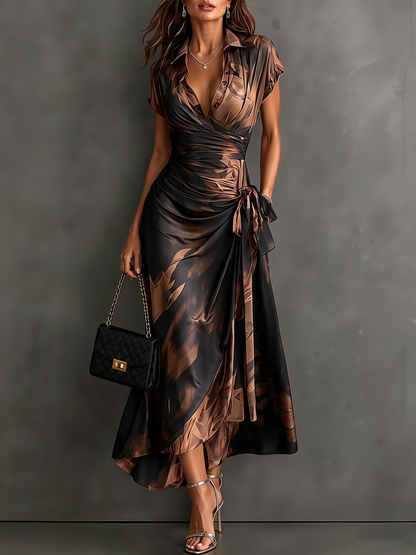 Rosanna | Midi dress with abstract print, V-neck, short sleeves, belt and asymmetric hem with frill.