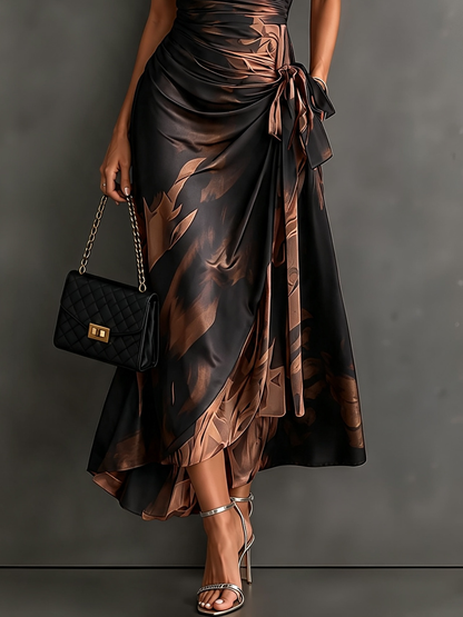 Rosanna | Midi dress with abstract print, V-neck, short sleeves, belt and asymmetric hem with frill.