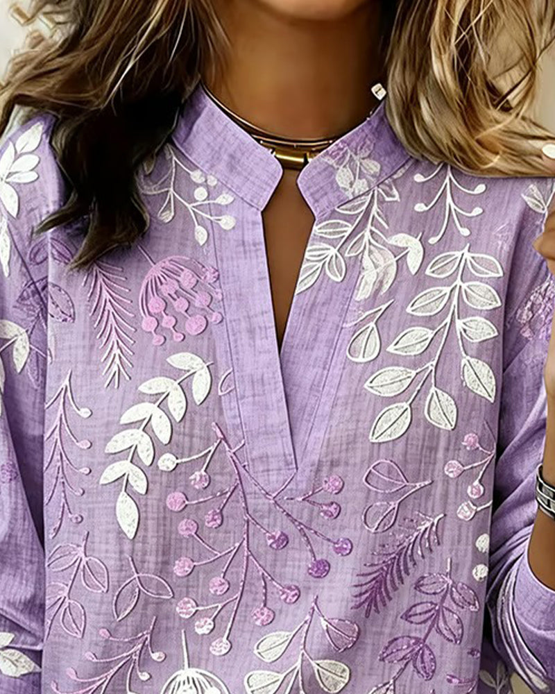 LILIANE™ - Botanical Print Open-Neck Blouse