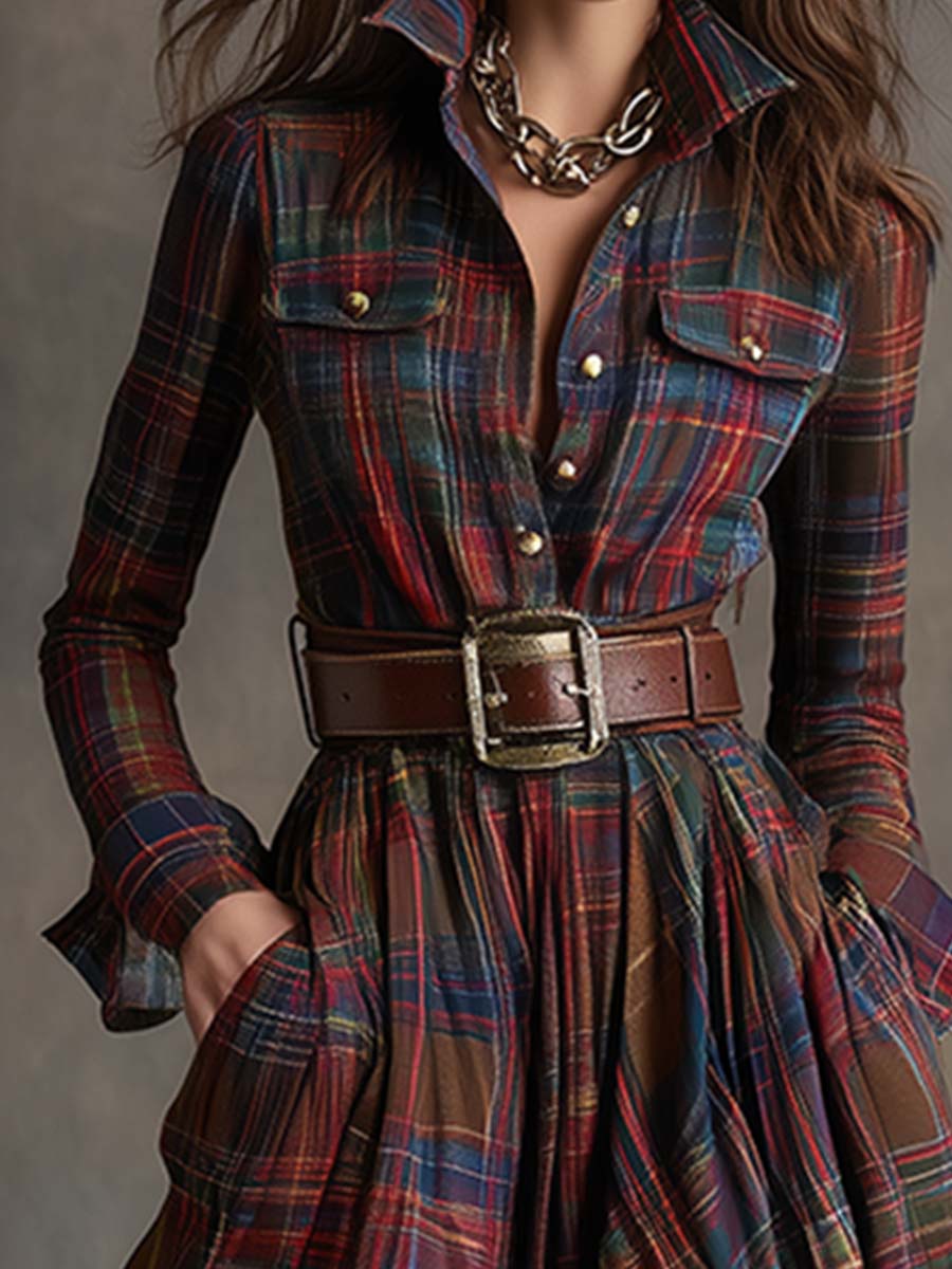 Women's Plaid Maxi Dress with Collar and Belt - image 7