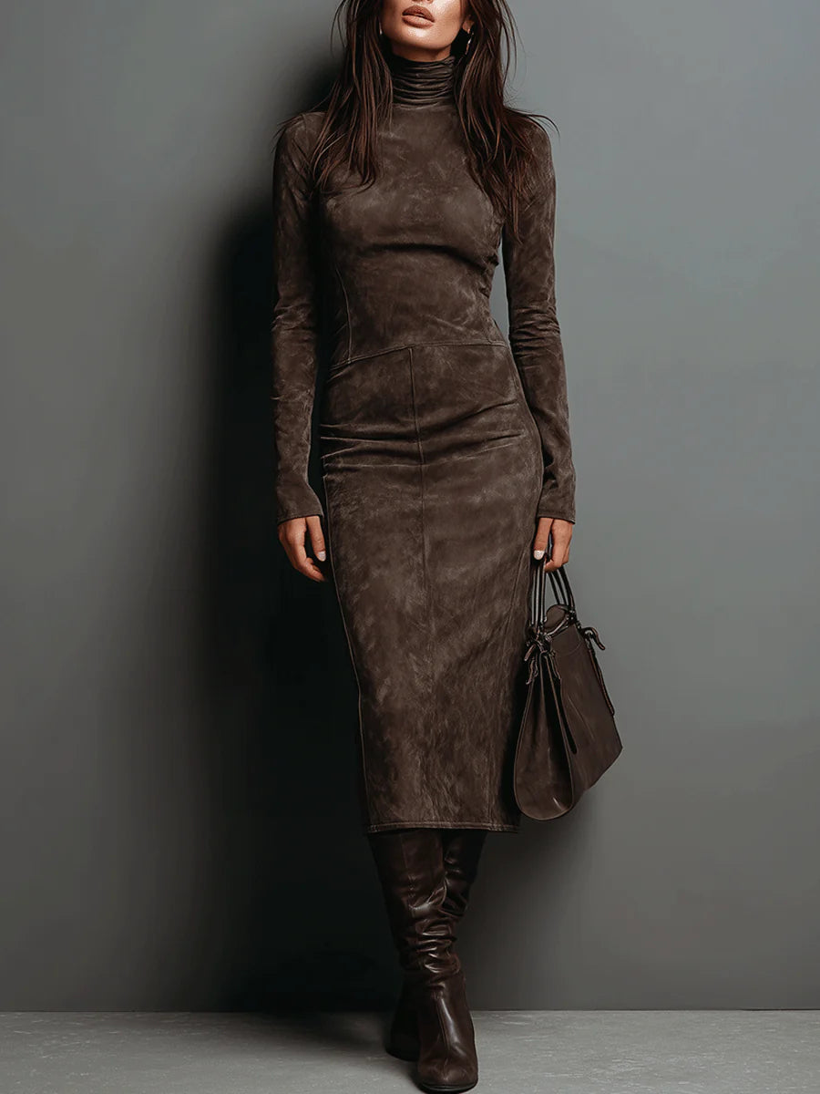 Women's Suede Look Maxi Dress with High Neck and Lace Slit - image 1