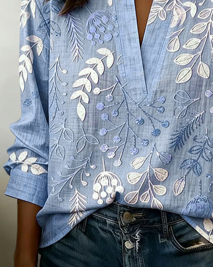LILIANE™ - Botanical Print Open-Neck Blouse