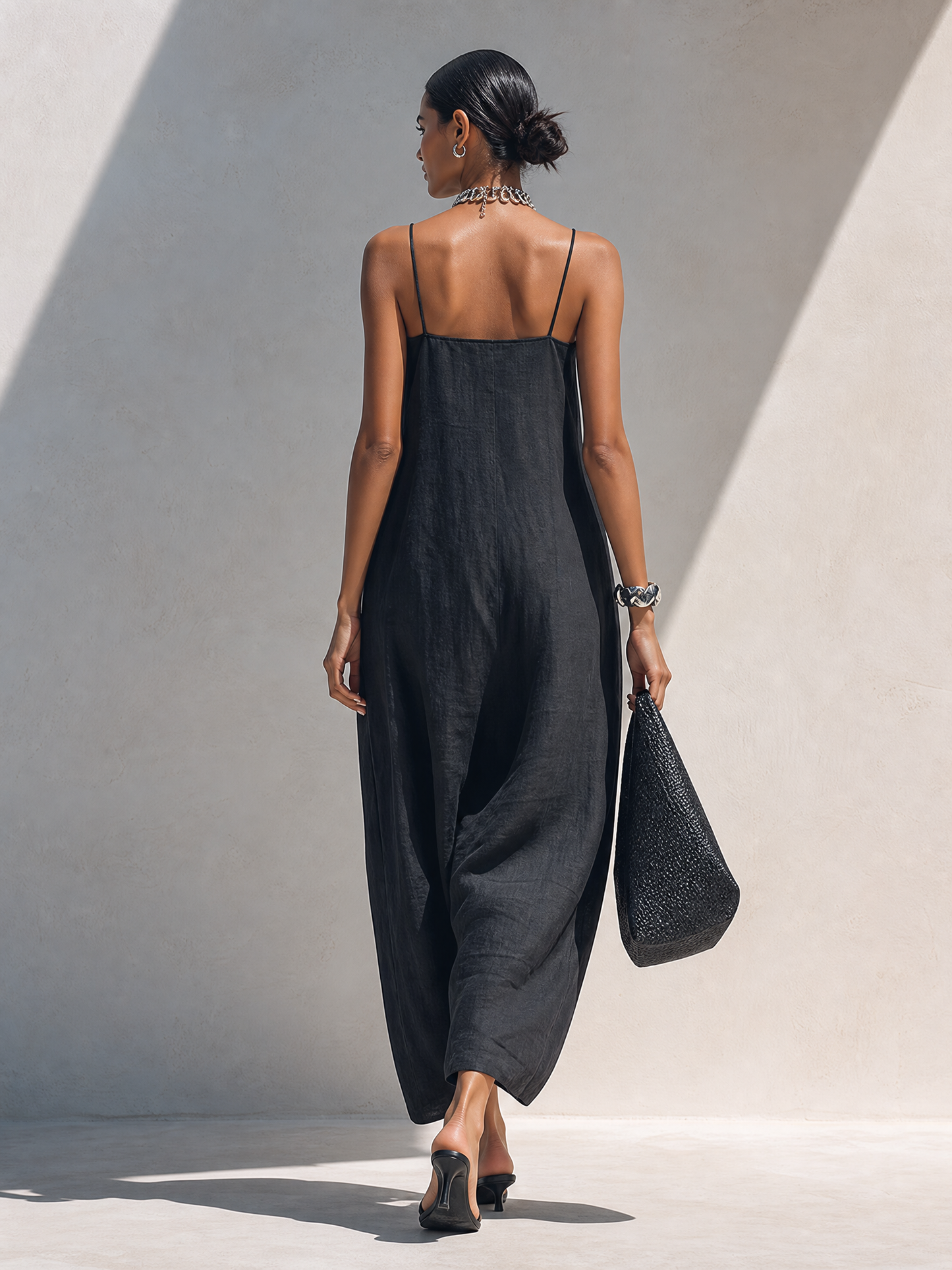 Women's Minimalist Solid Black Ruffle-Neck Maxi Dress With Spaghetti Straps MDZ1738F1ZRK