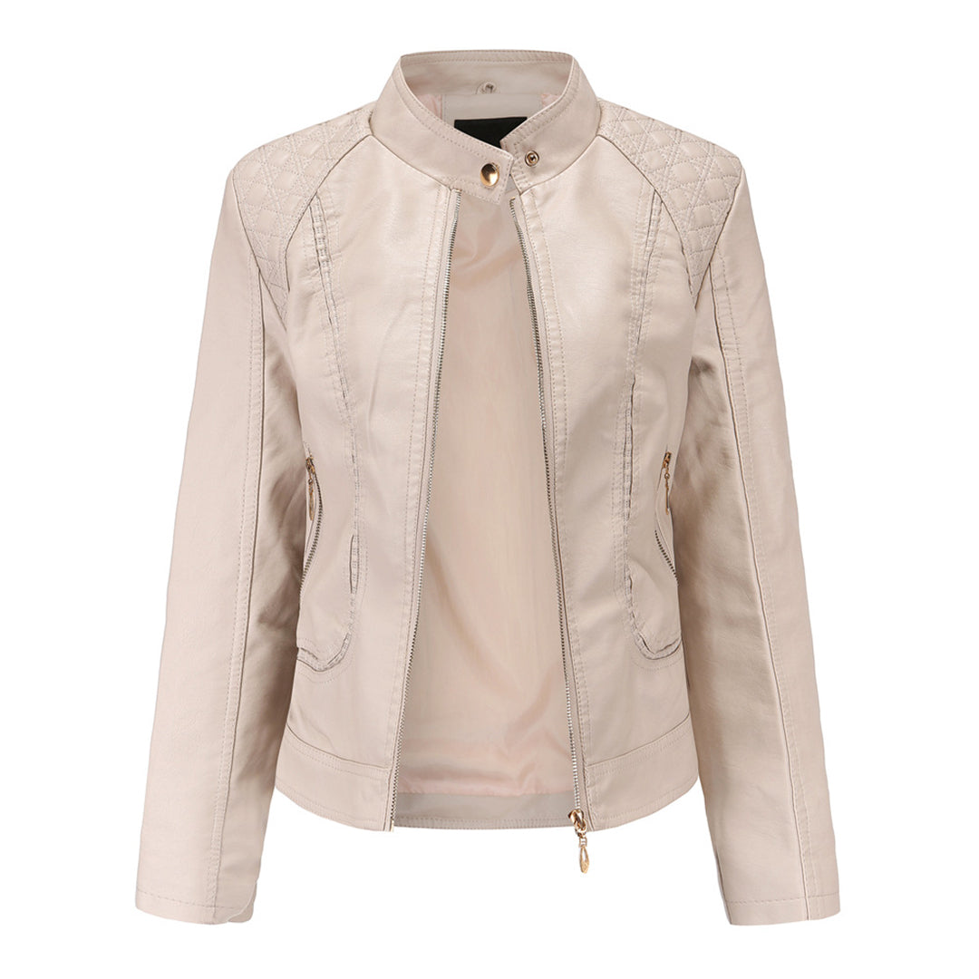 Women's Leather Look Zip Jacket with Buttoned Stand Collar and Zipped Pockets - image 3