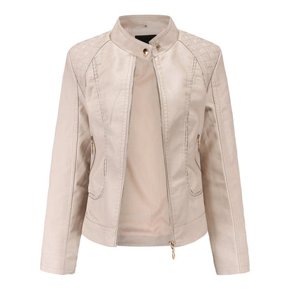 Women's Leather Look Zip Jacket with Buttoned Stand Collar and Zipped Pockets - image 3