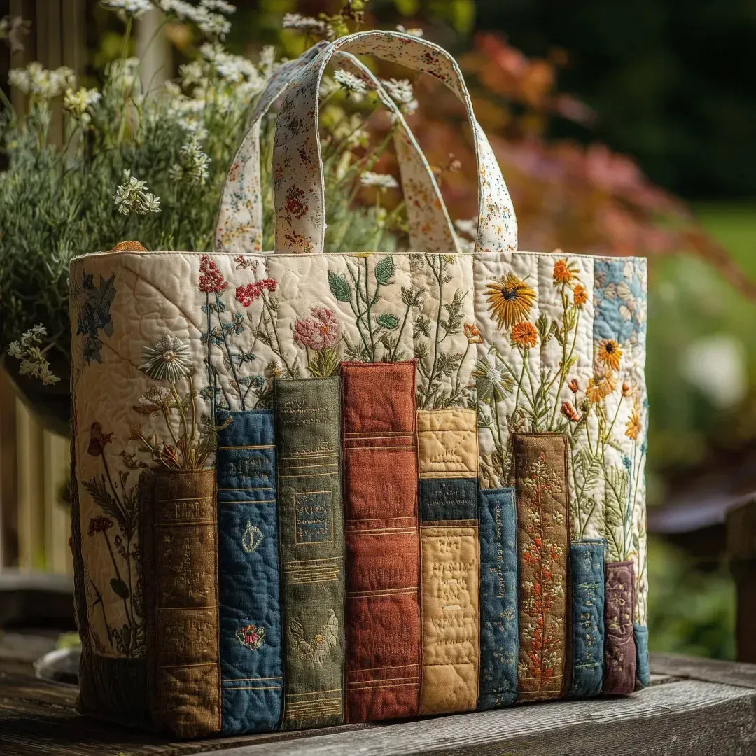 Padded Artisan Tote Bag - Books and Flowers