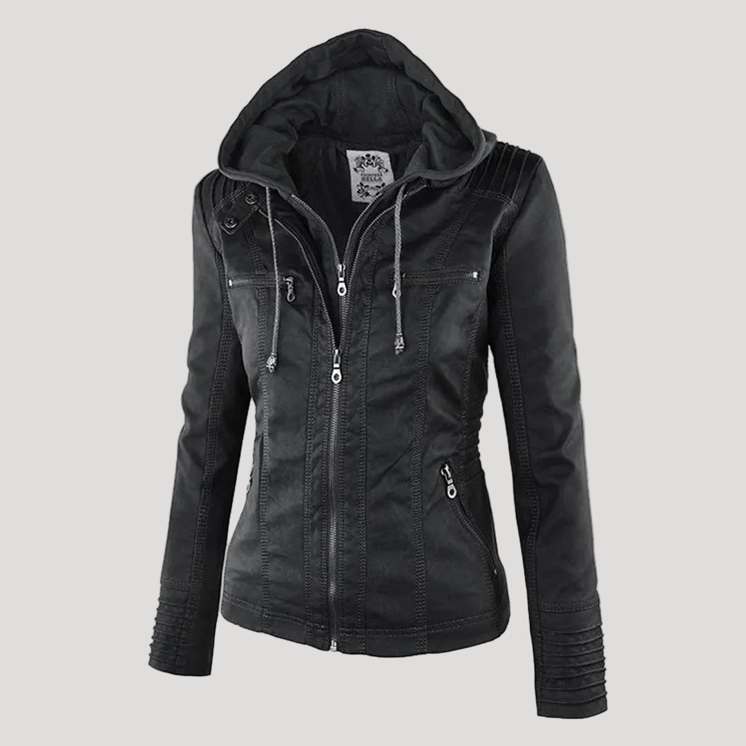 Women's Leather Look Hooded Jacket - black