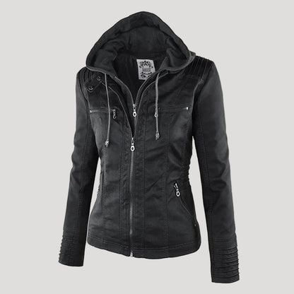 Women's Leather Look Hooded Jacket - black