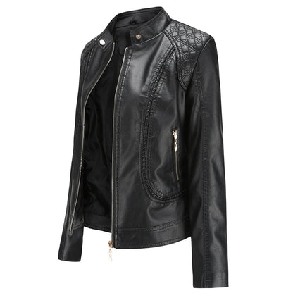 Women's Leather Look Zip Jacket with Buttoned Stand Collar and Zipped Pockets - image 6