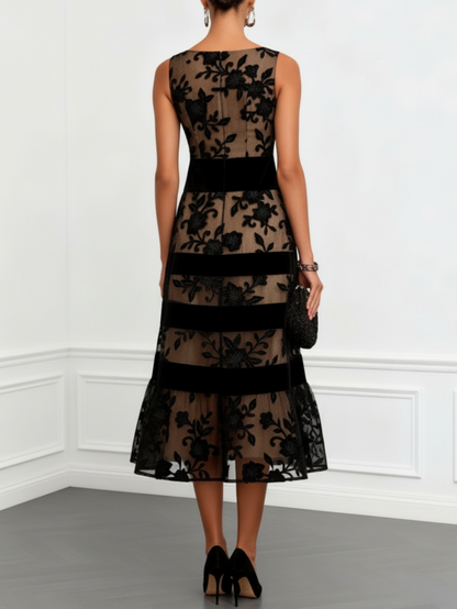 Black Floral Mesh Sleeveless Midi A-Line Dress