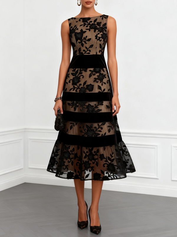 Black Floral Mesh Sleeveless Midi A-Line Dress