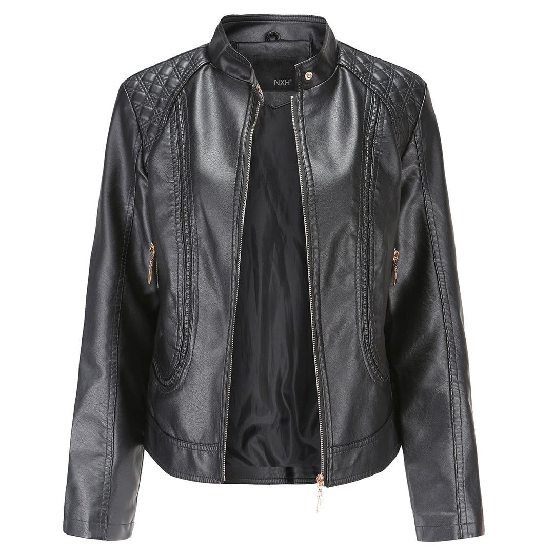 Women's Leather Look Zip Jacket with Buttoned Stand Collar and Zipped Pockets - image 1