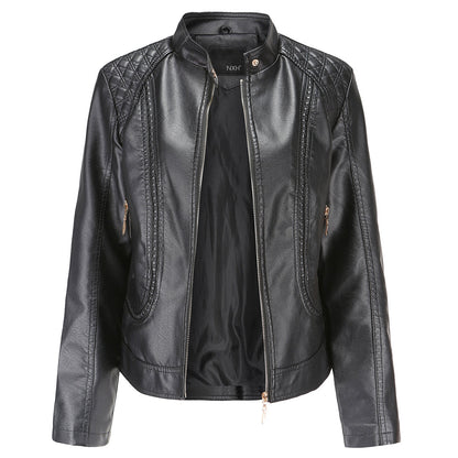Women's Leather Look Zip Jacket with Buttoned Stand Collar and Zipped Pockets - image 1