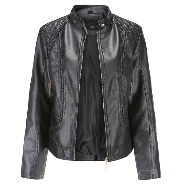 Women's Leather Look Zip Jacket with Buttoned Stand Collar and Zipped Pockets - image 1