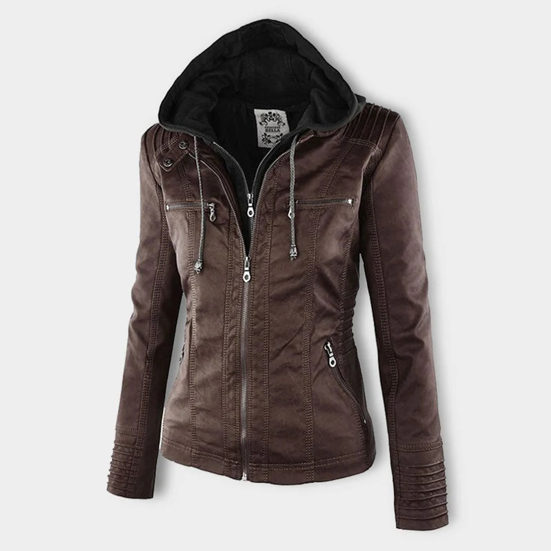 Women's Leather Look Hooded Jacket - brown
