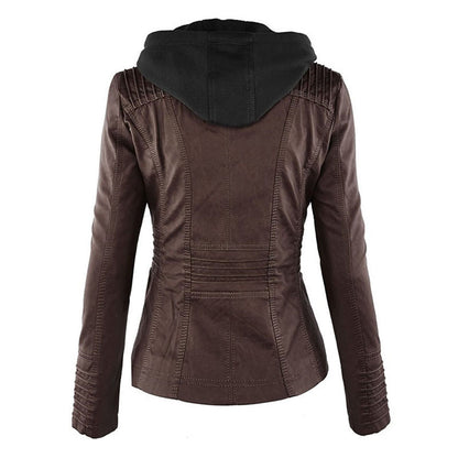 Women's Leather Look Hooded Jacket - brown side