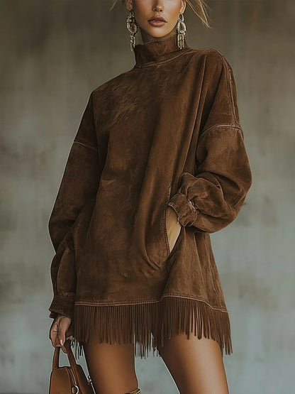 Gabrielle | Suede Dress with High Collar and Fringes