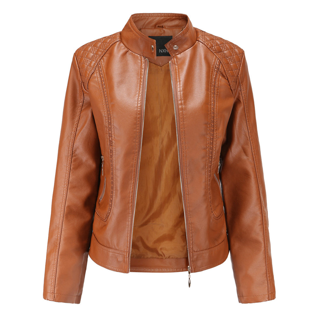 Women's Leather Look Zip Jacket with Buttoned Stand Collar and Zipped Pockets - image 2
