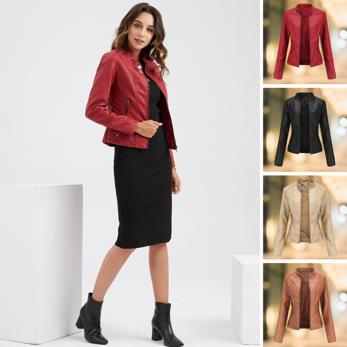 Women's Leather Look Jacket with Stand Collar - image 6